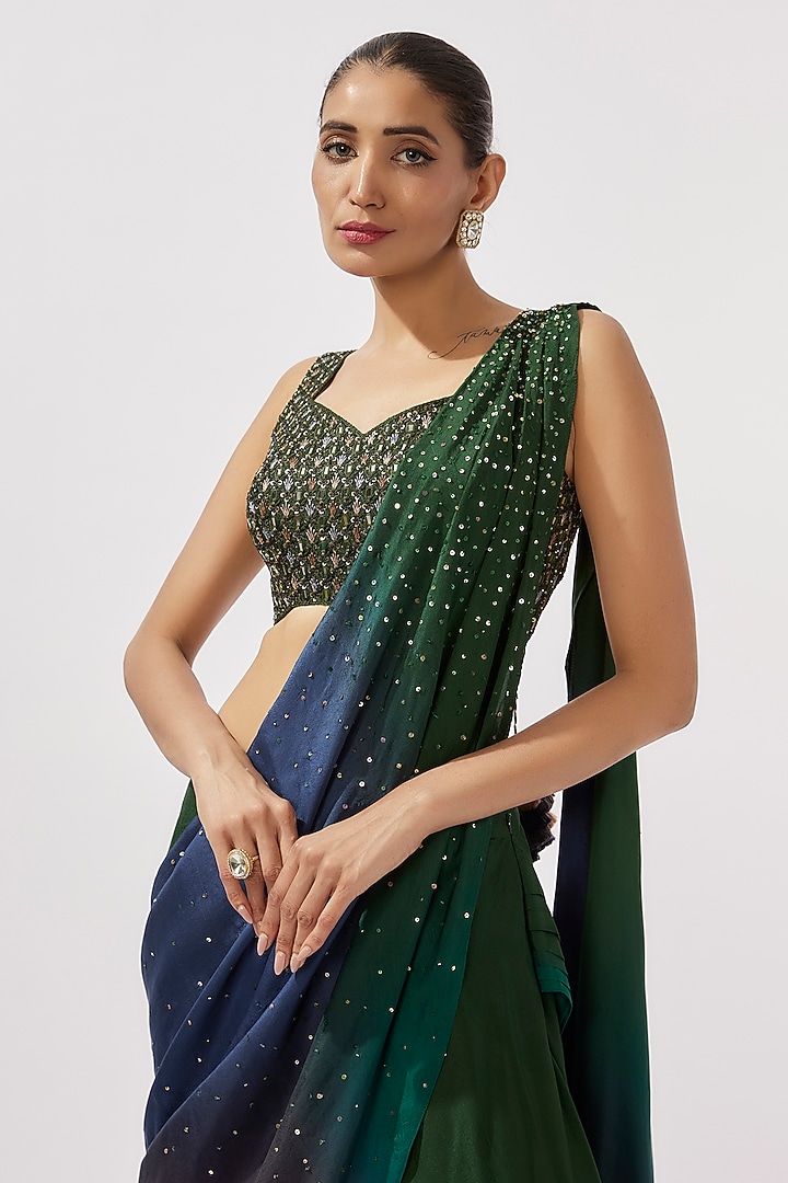 Bottle Green Silk Draped Ombre Pant Wedding Saree Set by Loka By Veerali Raveshia at Pernia's Pop Up Shop