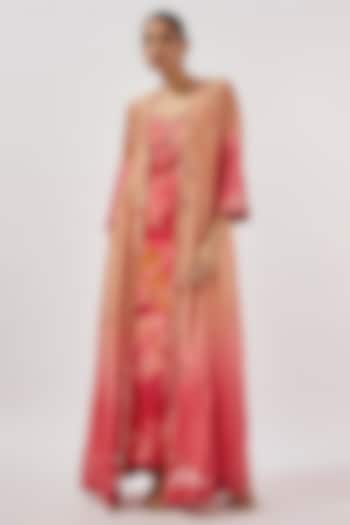 Peach & Coral Chanderi Silk Mirror Hand Embroidered Ombre Flared Cape Set by Loka By Veerali Raveshia