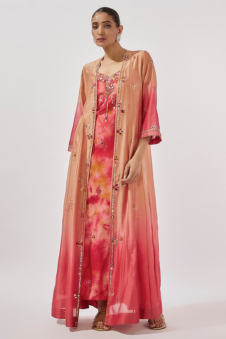 Peach & Coral Chanderi Silk Mirror Hand Embroidered Ombre Flared Cape Set by Loka By Veerali Raveshia
