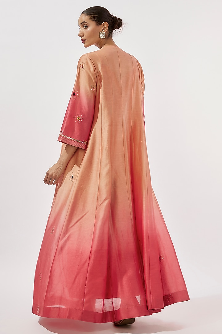 Peach & Coral Chanderi Silk Mirror Hand Embroidered Ombre Flared Cape Set by Loka By Veerali Raveshia at Pernia's Pop Up Shop