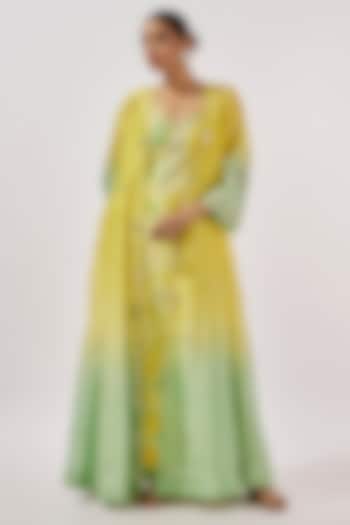 Lime & Teal Chanderi Silk Mirror Hand Embroidered Ombre Flared Cape Set by Loka By Veerali Raveshia