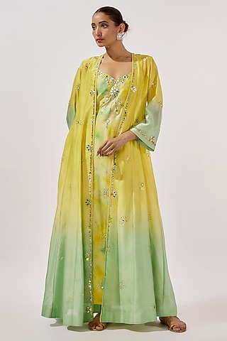Lime & Teal Chanderi Silk Mirror Hand Embroidered Ombre Flared Cape Set by Loka By Veerali Raveshia