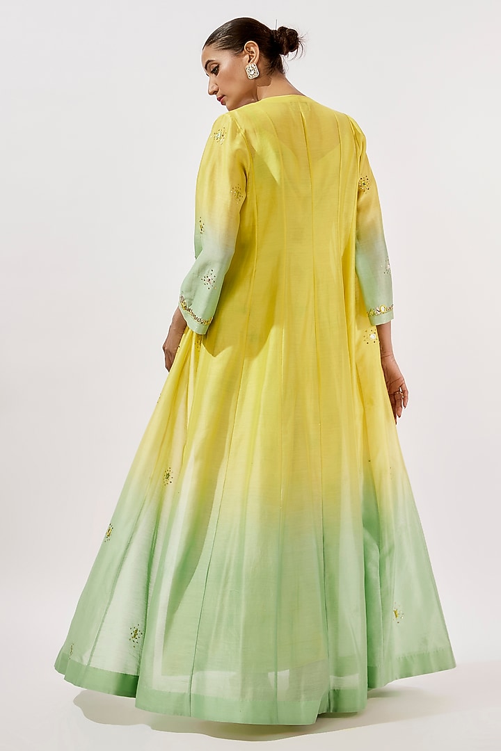 Lime & Teal Chanderi Silk Mirror Hand Embroidered Ombre Flared Cape Set by Loka By Veerali Raveshia at Pernia's Pop Up Shop