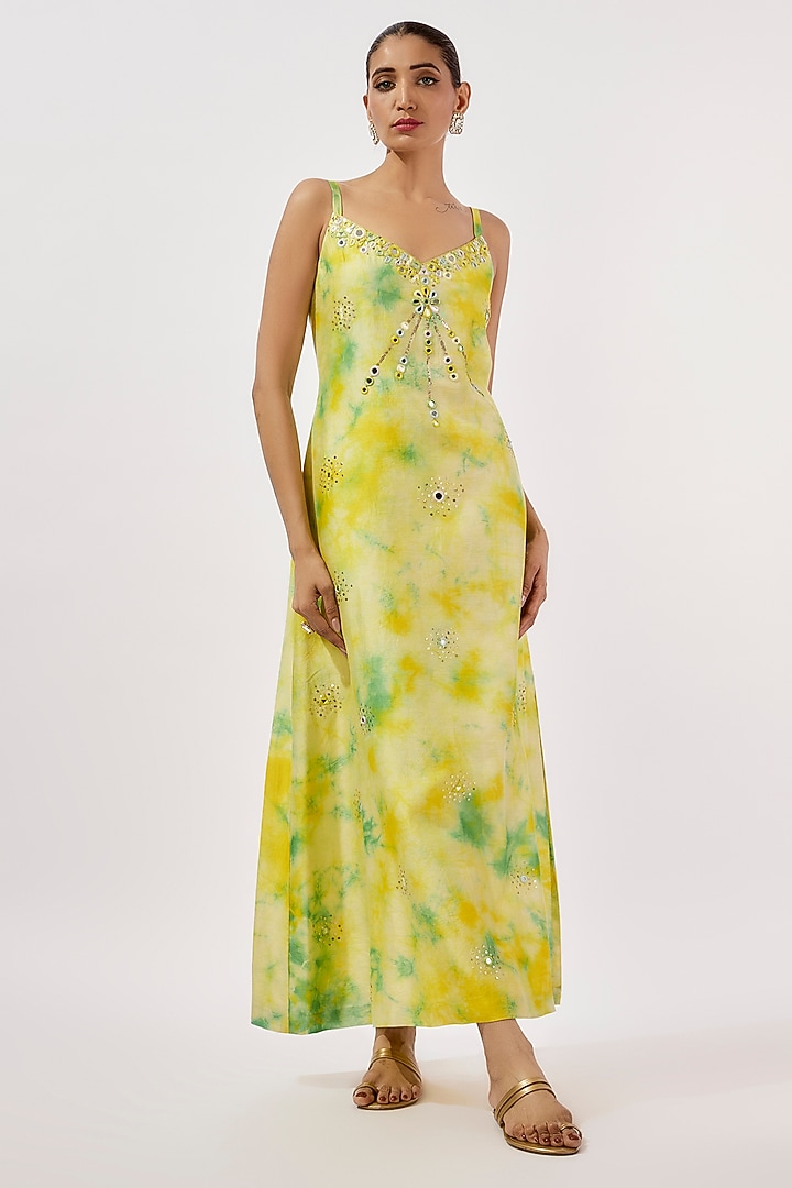 Lime & Teal Chanderi Silk Mirror Hand Embroidered Ombre Flared Cape Set by Loka By Veerali Raveshia at Pernia's Pop Up Shop