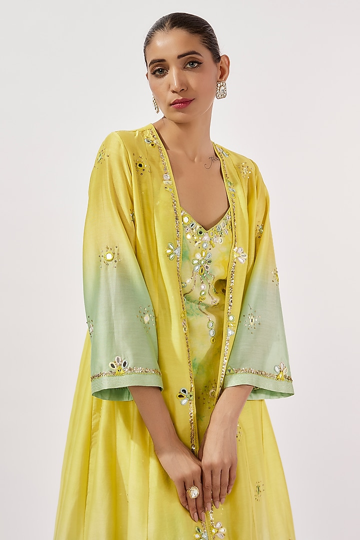 Lime & Teal Chanderi Silk Mirror Hand Embroidered Ombre Flared Cape Set by Loka By Veerali Raveshia at Pernia's Pop Up Shop