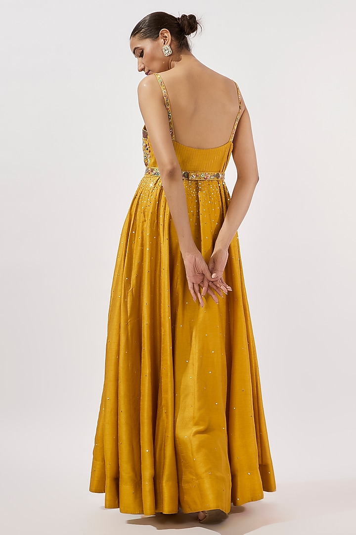 Mustard Yellow Dupion Silk Hand Embroidered Wedding Anarkali Set by Loka By Veerali Raveshia at Pernia's Pop Up Shop