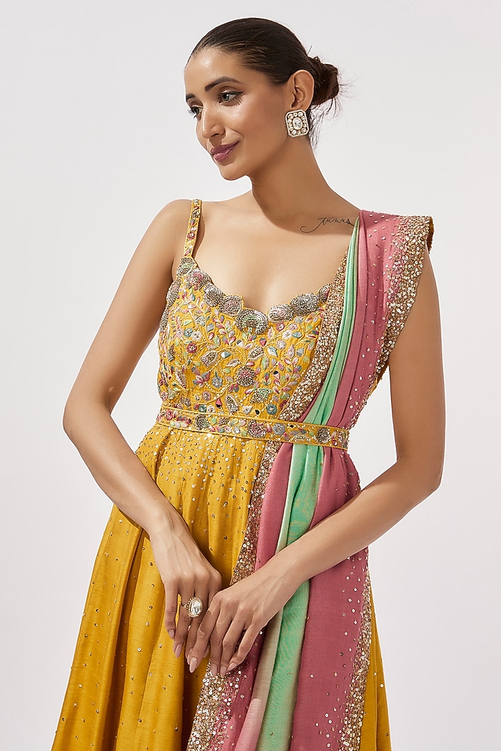 Mustard Yellow Dupion Silk Hand Embroidered Wedding Anarkali Set by Loka By Veerali Raveshia at Pernia's Pop Up Shop