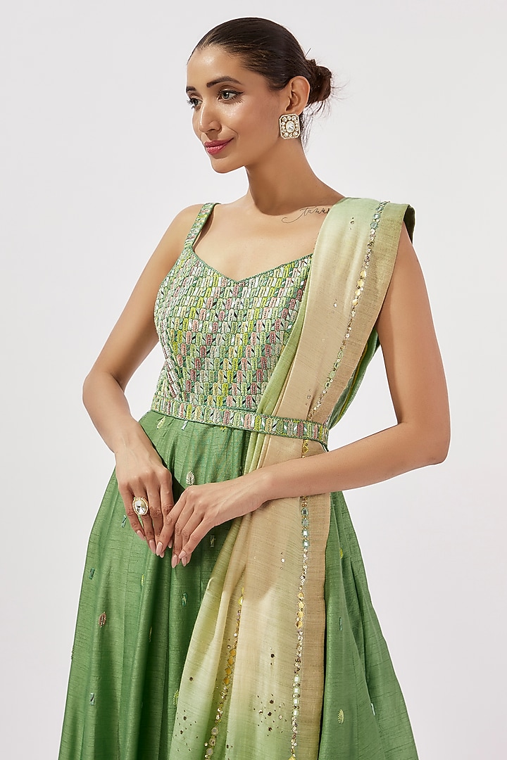 Teal Green Dupion Silk Mirror & Resham Hand Embroidered Wedding Anarkali Set by Loka By Veerali Raveshia at Pernia's Pop Up Shop