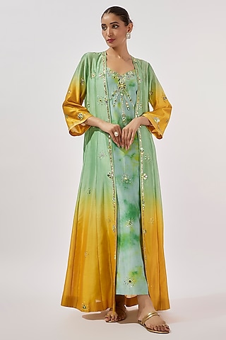 Teal & Mustard Chanderi Silk Hand Embroidered Cape With Kurta by Loka By Veerali Raveshia
