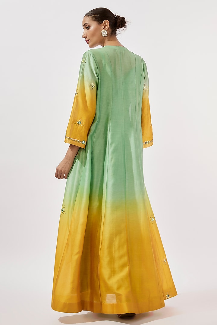 Teal & Mustard Chanderi Silk Hand Embroidered Cape With Kurta by Loka By Veerali Raveshia at Pernia's Pop Up Shop
