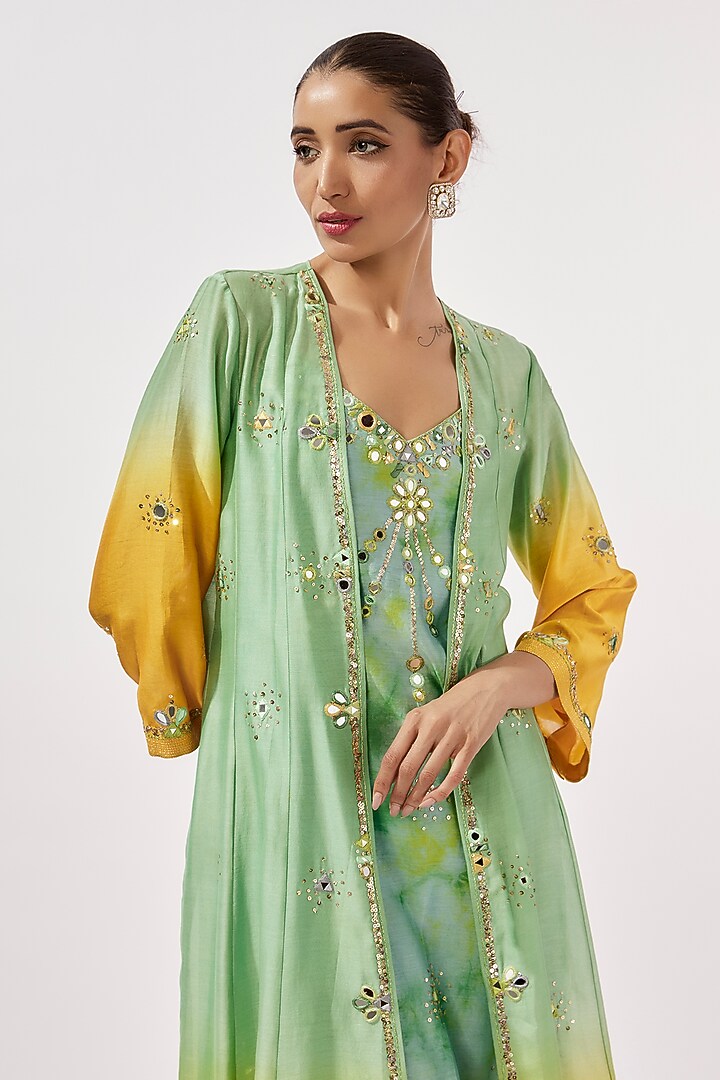 Teal & Mustard Chanderi Silk Hand Embroidered Cape With Kurta by Loka By Veerali Raveshia at Pernia's Pop Up Shop
