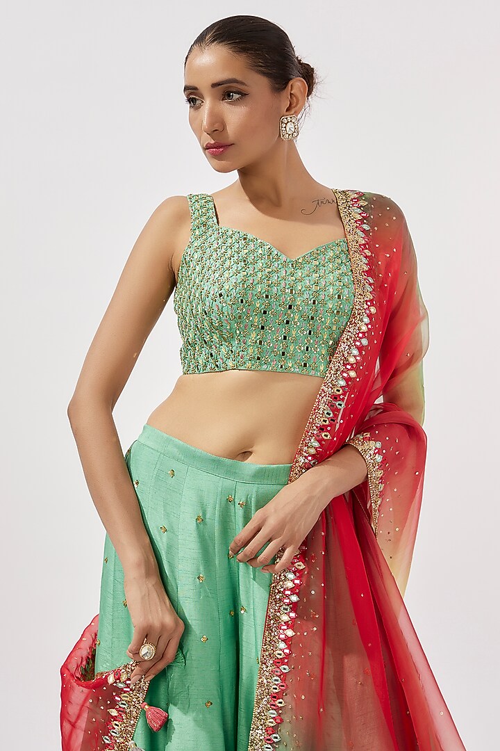 Teal Silk Mirror & Zardosi Embroidered Wedding Sharara Set by Loka By Veerali Raveshia at Pernia's Pop Up Shop