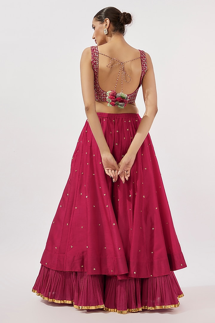 Fuchsia Pink Silk Mirror & Zardosi Embroidered Wedding Sharara Set by Loka By Veerali Raveshia at Pernia's Pop Up Shop