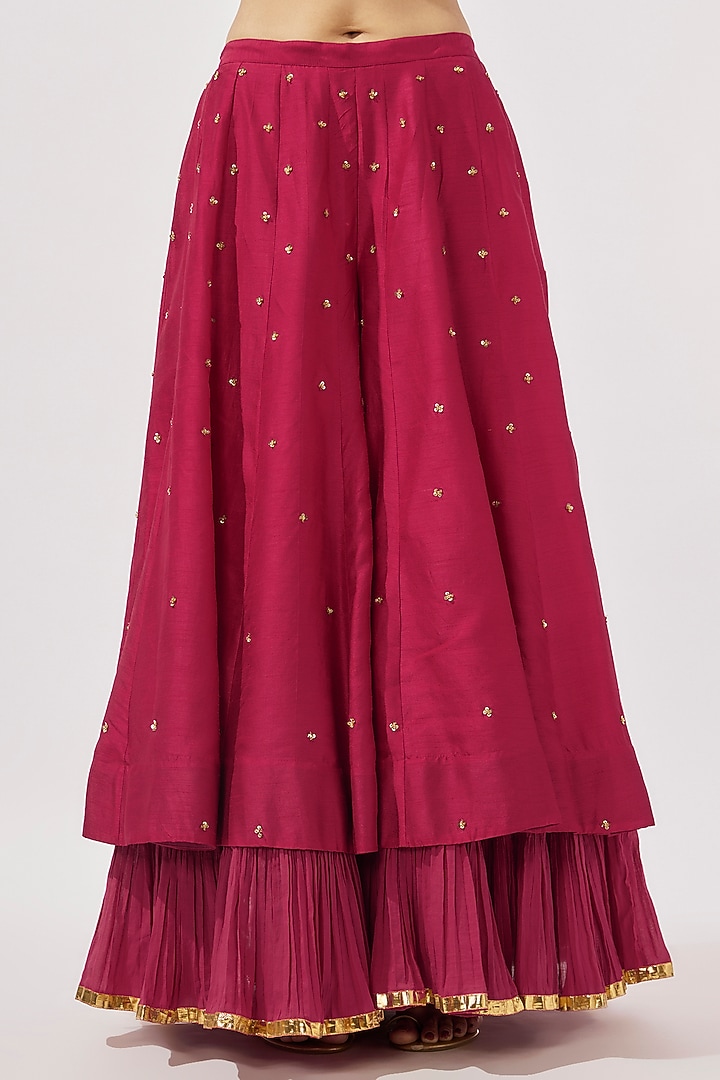 Fuchsia Pink Silk Mirror & Zardosi Embroidered Wedding Sharara Set by Loka By Veerali Raveshia at Pernia's Pop Up Shop