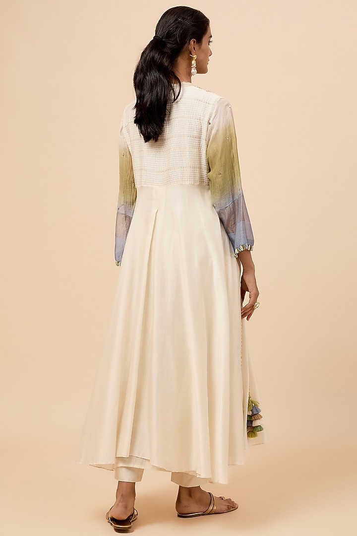 Ivory & Teal Chanderi Silk Hand Embroidered Kurta Set by Loka By Veerali Raveshia at Pernia's Pop Up Shop