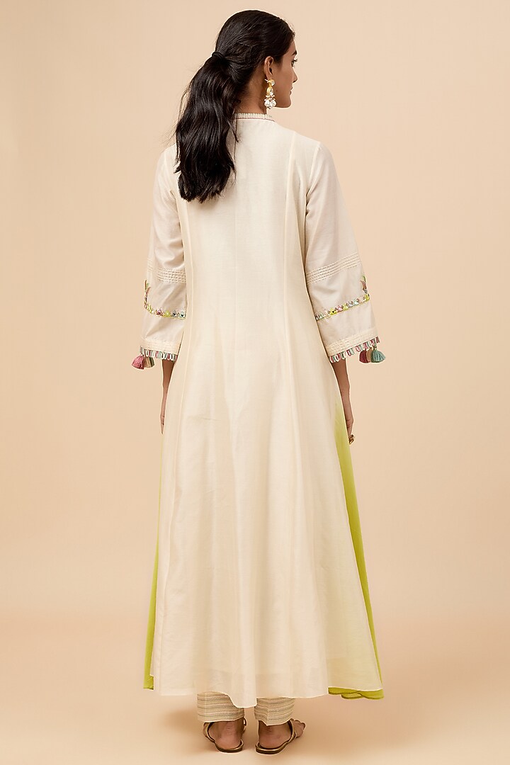 Ivory & Lime Chanderi Silk Hand Embroidered Kurta Set by Loka By Veerali Raveshia at Pernia's Pop Up Shop