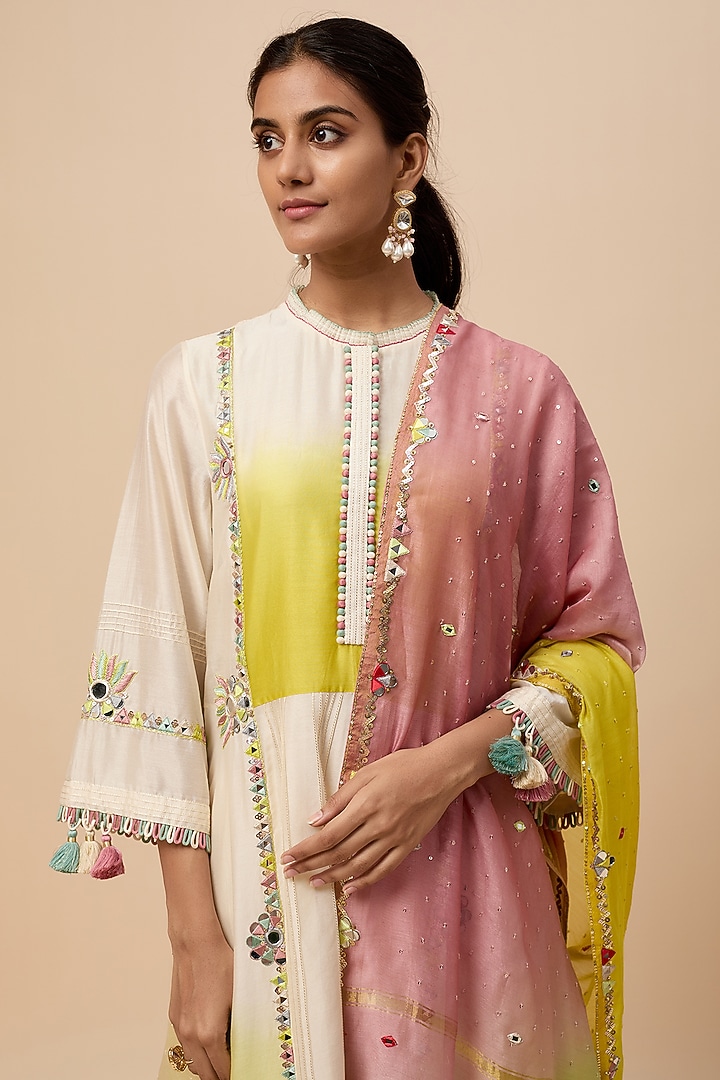 Ivory & Lime Chanderi Silk Hand Embroidered Kurta Set by Loka By Veerali Raveshia at Pernia's Pop Up Shop