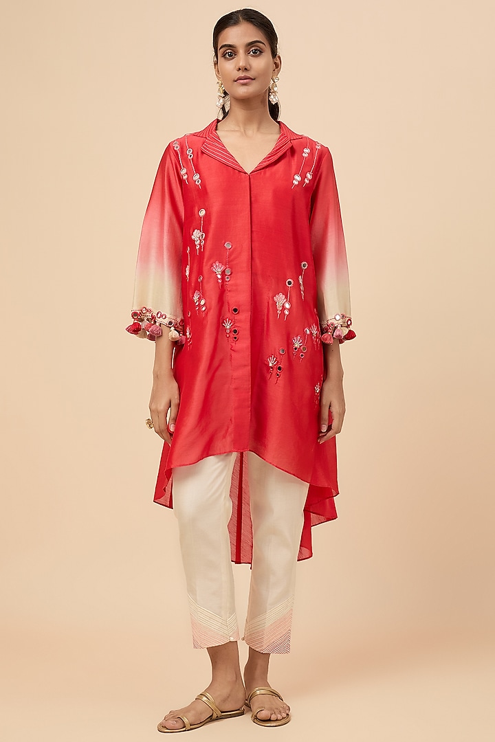 Coral Chanderi Silk Hand Embroidered Tunic Set by Loka By Veerali Raveshia