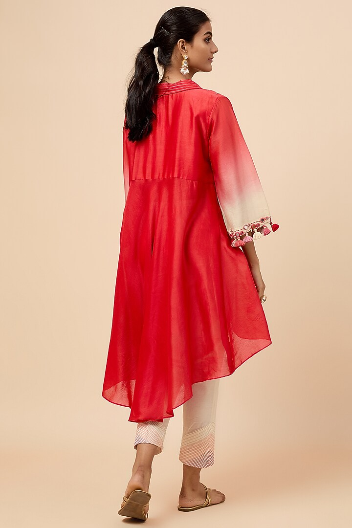 Coral Chanderi Silk Hand Embroidered Tunic Set by Loka By Veerali Raveshia at Pernia's Pop Up Shop
