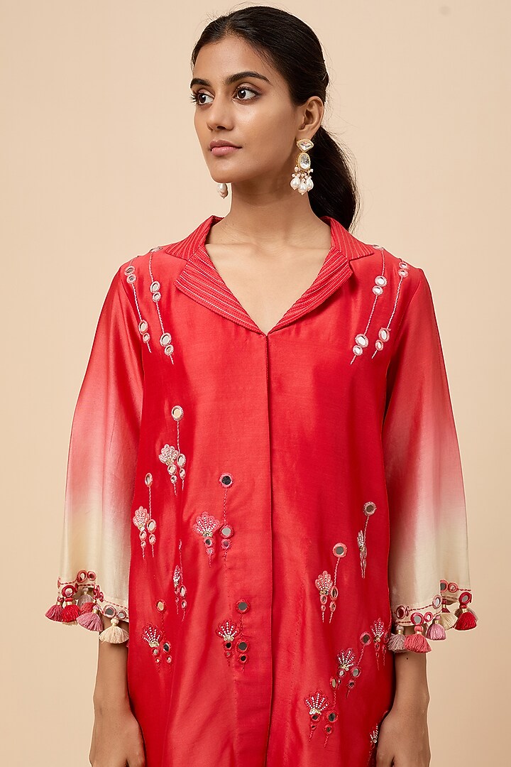 Coral Chanderi Silk Hand Embroidered Tunic Set by Loka By Veerali Raveshia at Pernia's Pop Up Shop