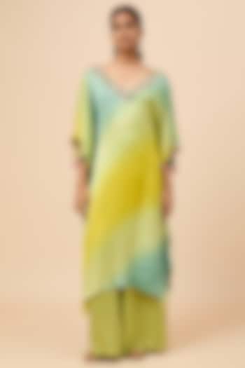 Lime-Mustard & Pistachio Green Ombre Embroidered Kaftan Set by Loka By Veerali Raveshia