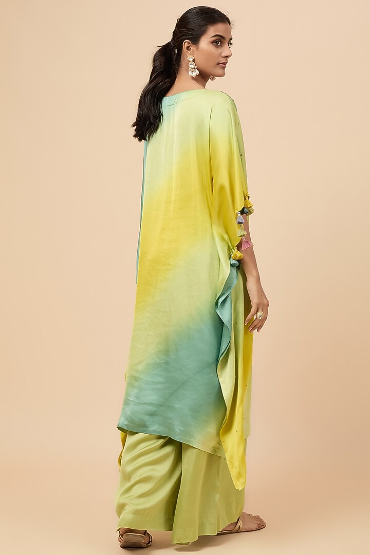 Lime-Mustard & Pistachio Green Ombre Embroidered Kaftan Set by Loka By Veerali Raveshia at Pernia's Pop Up Shop