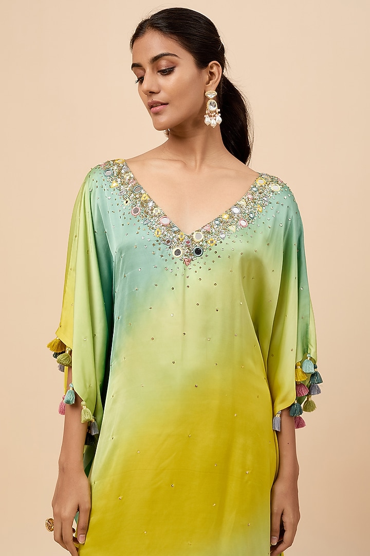 Lime-Mustard & Pistachio Green Ombre Embroidered Kaftan Set by Loka By Veerali Raveshia at Pernia's Pop Up Shop