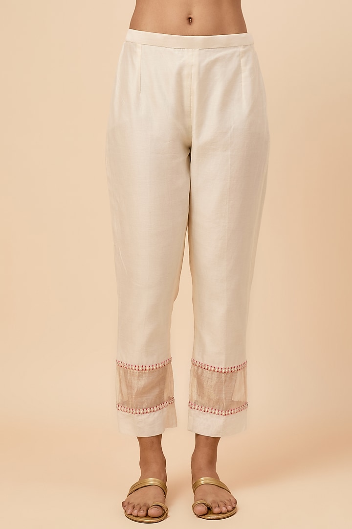Ivory & Pink Chanderi Silk Hand Embroidered Kurta Set by Loka By Veerali Raveshia at Pernia's Pop Up Shop