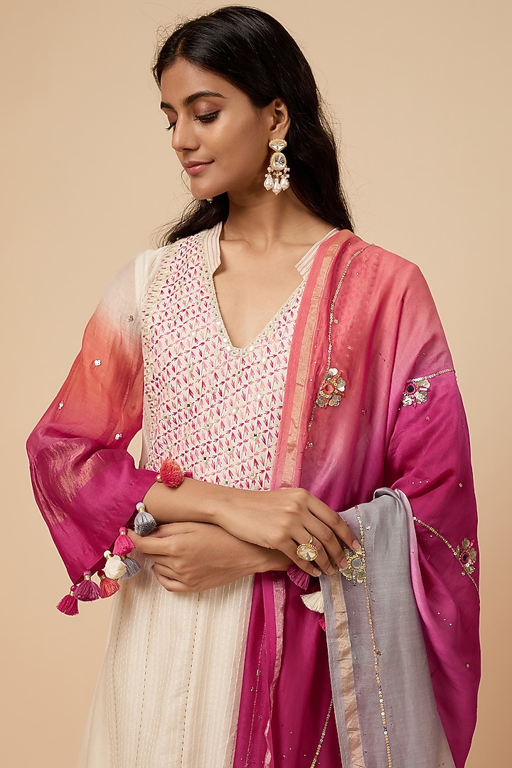 Ivory & Pink Chanderi Silk Hand Embroidered Kurta Set by Loka By Veerali Raveshia at Pernia's Pop Up Shop