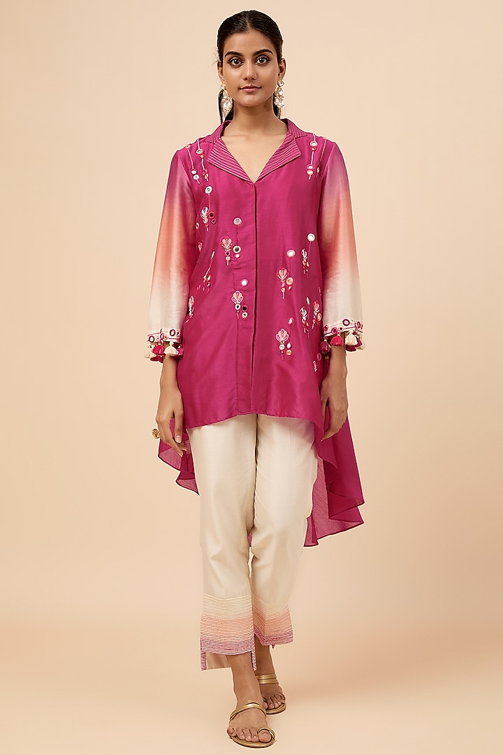 Fuchsia Pink Chanderi Silk Hand Embroidered Tunic Set by Loka By Veerali Raveshia