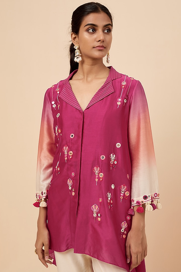 Fuchsia Pink Chanderi Silk Hand Embroidered Tunic Set by Loka By Veerali Raveshia at Pernia's Pop Up Shop
