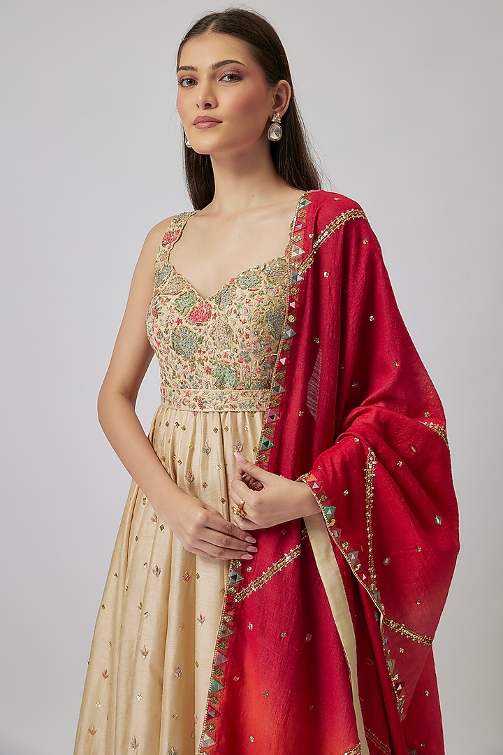 Ivory Dupion Silk Hand Embroidered Wedding Anarkali Set by Loka By Veerali Raveshia at Pernia's Pop Up Shop