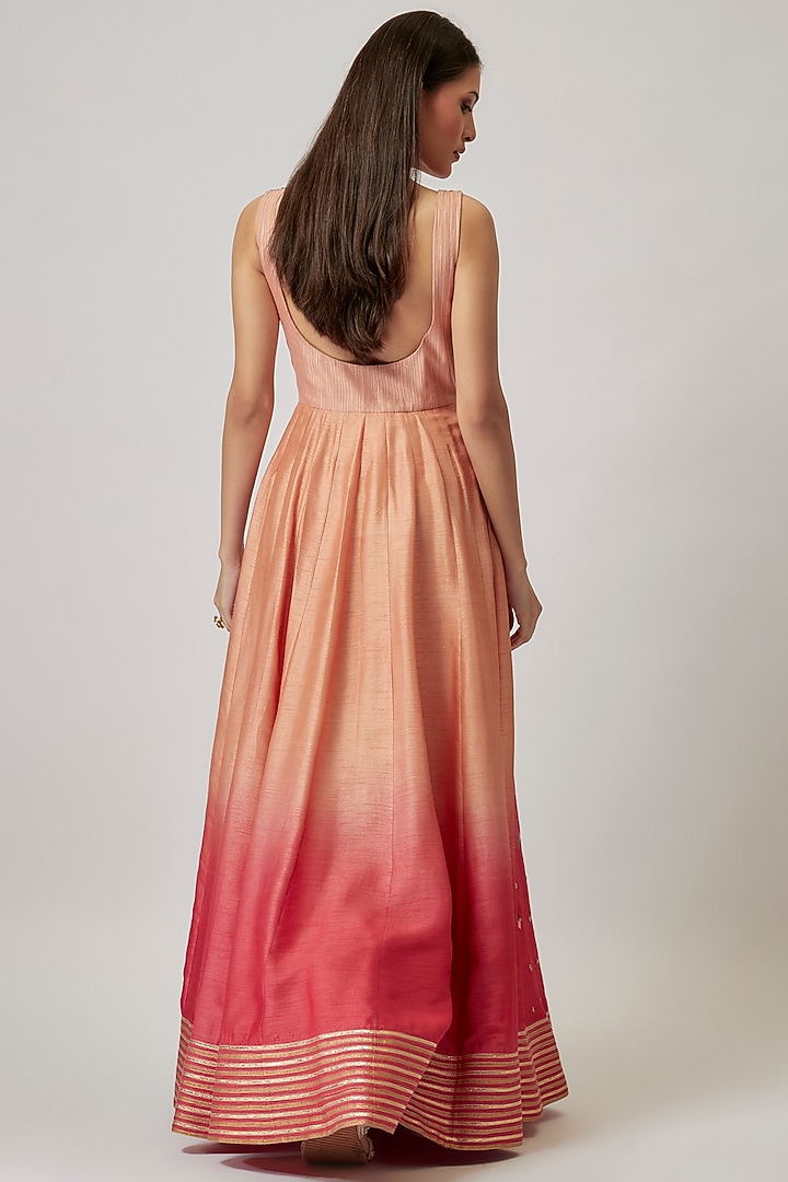 Soft Peach & Pink Dupion Silk Hand Embroidered Wedding Anarkali Set by Loka By Veerali Raveshia at Pernia's Pop Up Shop