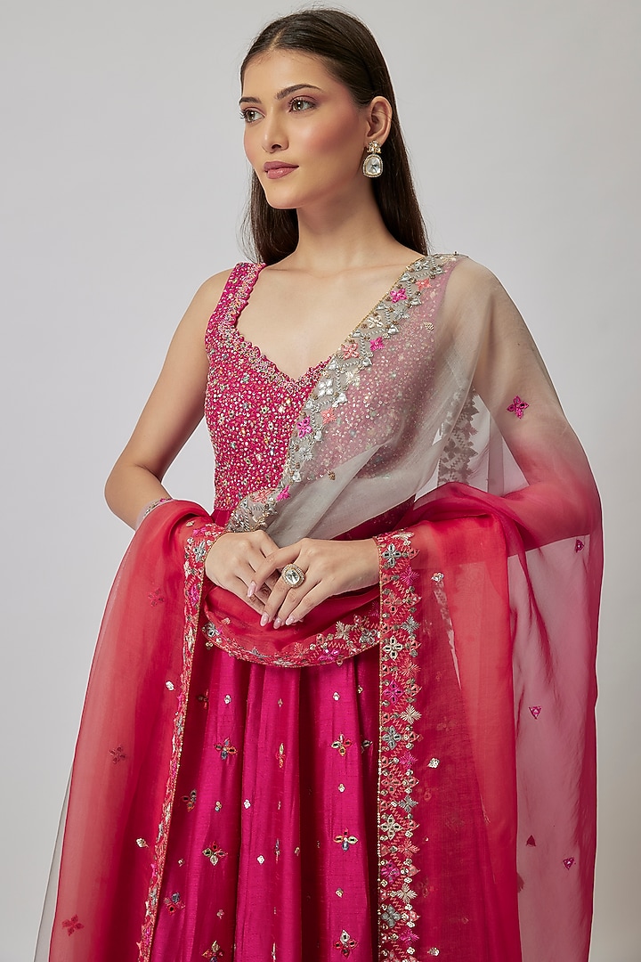 Hot Fuchsia & Blush Pink Dupion Silk Embroidered Wedding Anarkali Set by Loka By Veerali Raveshia at Pernia's Pop Up Shop