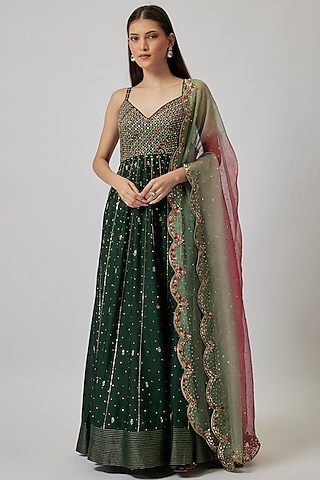 Bottle Green Dupion Silk Hand Embroidered Anarkali Set by Loka By Veerali Raveshia
