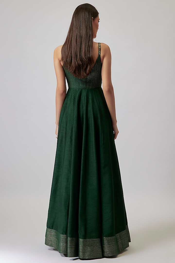 Bottle Green Dupion Silk Hand Embroidered Wedding Anarkali Set by Loka By Veerali Raveshia at Pernia's Pop Up Shop