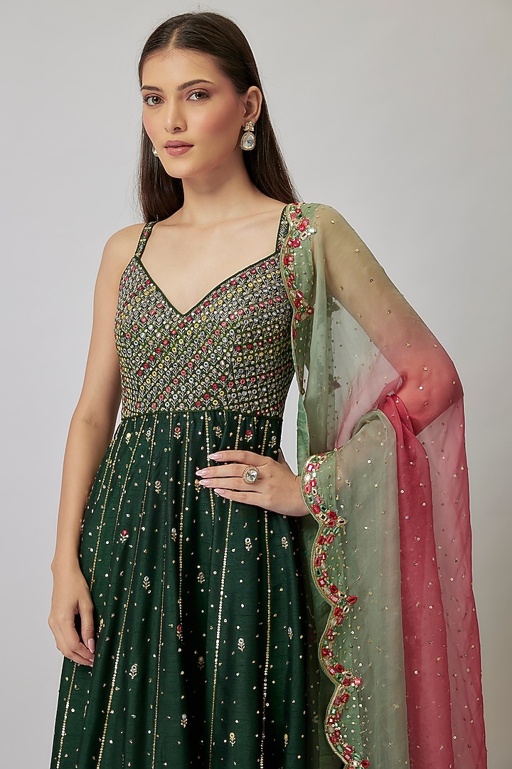 Bottle Green Dupion Silk Hand Embroidered Wedding Anarkali Set by Loka By Veerali Raveshia at Pernia's Pop Up Shop