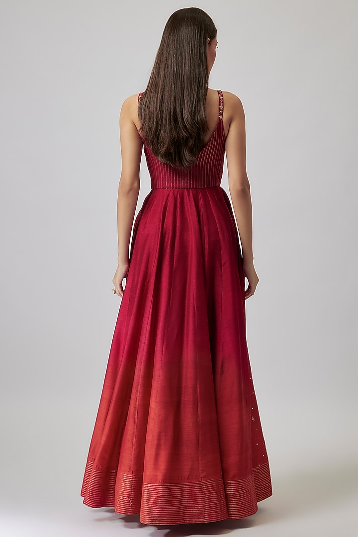 Ruby Red Dupion Silk Hand Embroidered Wedding Anarkali Set by Loka By Veerali Raveshia at Pernia's Pop Up Shop