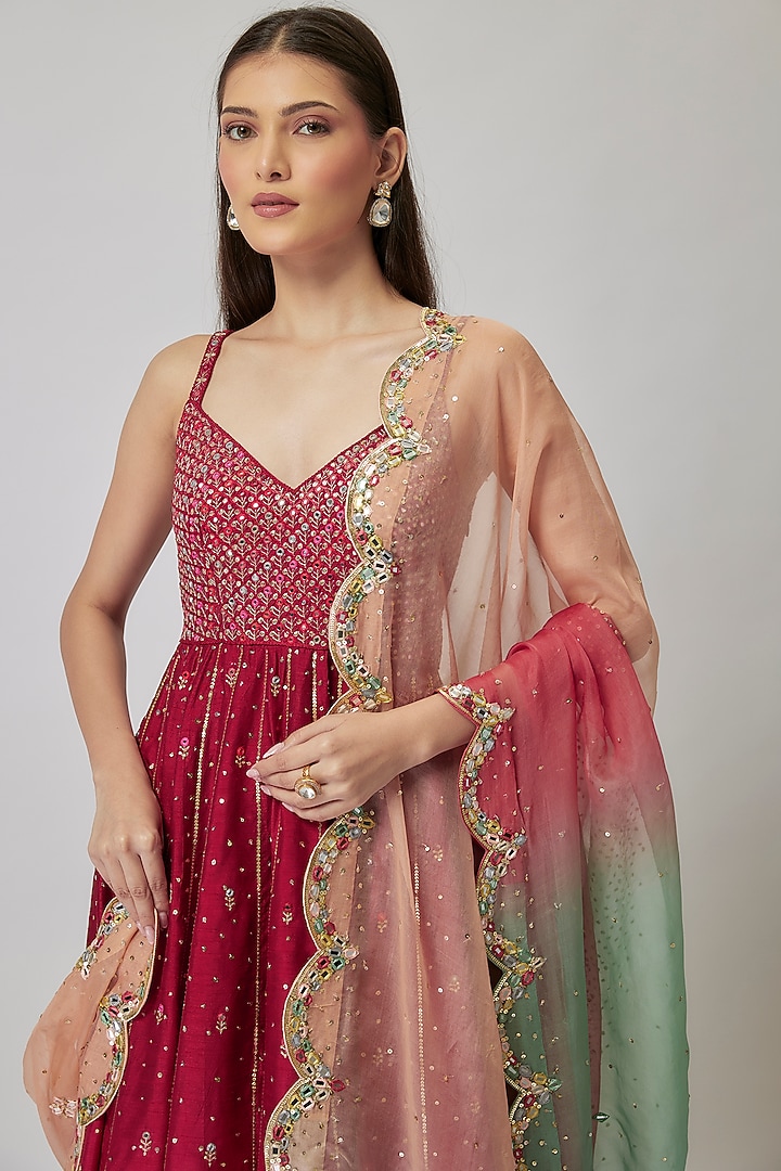 Ruby Red Dupion Silk Hand Embroidered Wedding Anarkali Set by Loka By Veerali Raveshia at Pernia's Pop Up Shop
