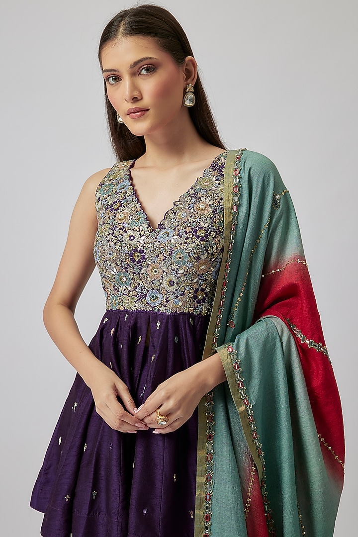 Purple Dupion Silk Kalidar Wedding Sharara Set by Loka By Veerali Raveshia at Pernia's Pop Up Shop