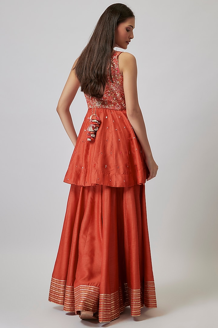 Coral Orange Dupion Silk Kalidar Wedding Sharara Set by Loka By Veerali Raveshia at Pernia's Pop Up Shop