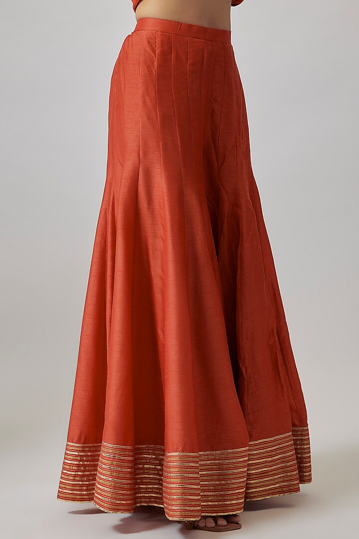 Coral Orange Dupion Silk Kalidar Wedding Sharara Set by Loka By Veerali Raveshia at Pernia's Pop Up Shop