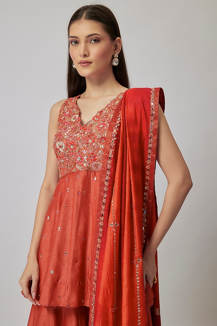 Coral Orange Dupion Silk Kalidar Wedding Sharara Set by Loka By Veerali Raveshia at Pernia's Pop Up Shop