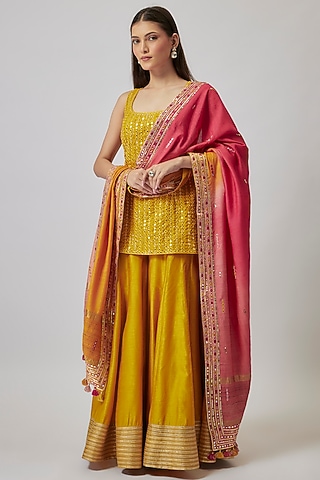 Mustard Dupion Silk Kalidar Sharara Set by Loka By Veerali Raveshia