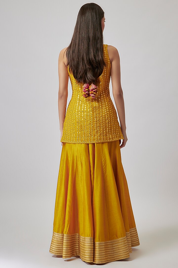 Mustard Dupion Silk Kalidar Wedding Sharara Set by Loka By Veerali Raveshia at Pernia's Pop Up Shop