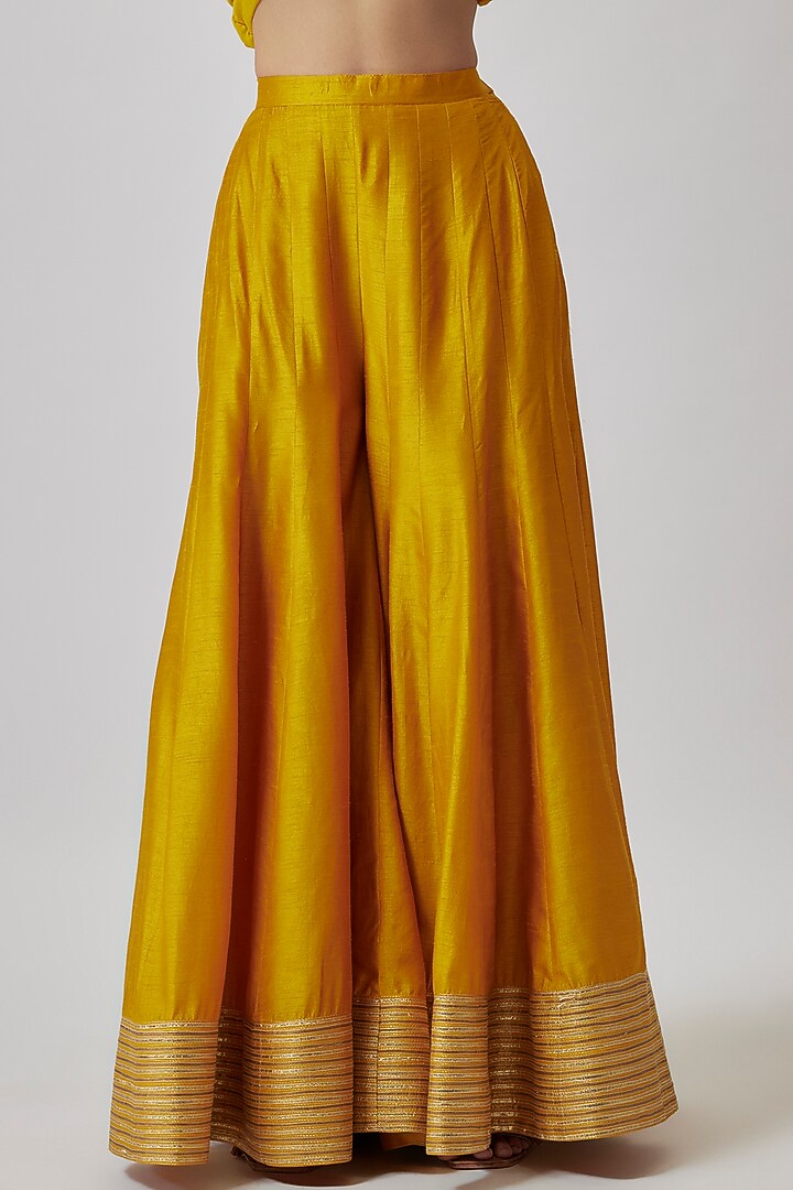 Mustard Dupion Silk Kalidar Wedding Sharara Set by Loka By Veerali Raveshia at Pernia's Pop Up Shop