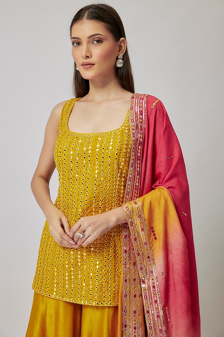 Mustard Dupion Silk Kalidar Wedding Sharara Set by Loka By Veerali Raveshia at Pernia's Pop Up Shop