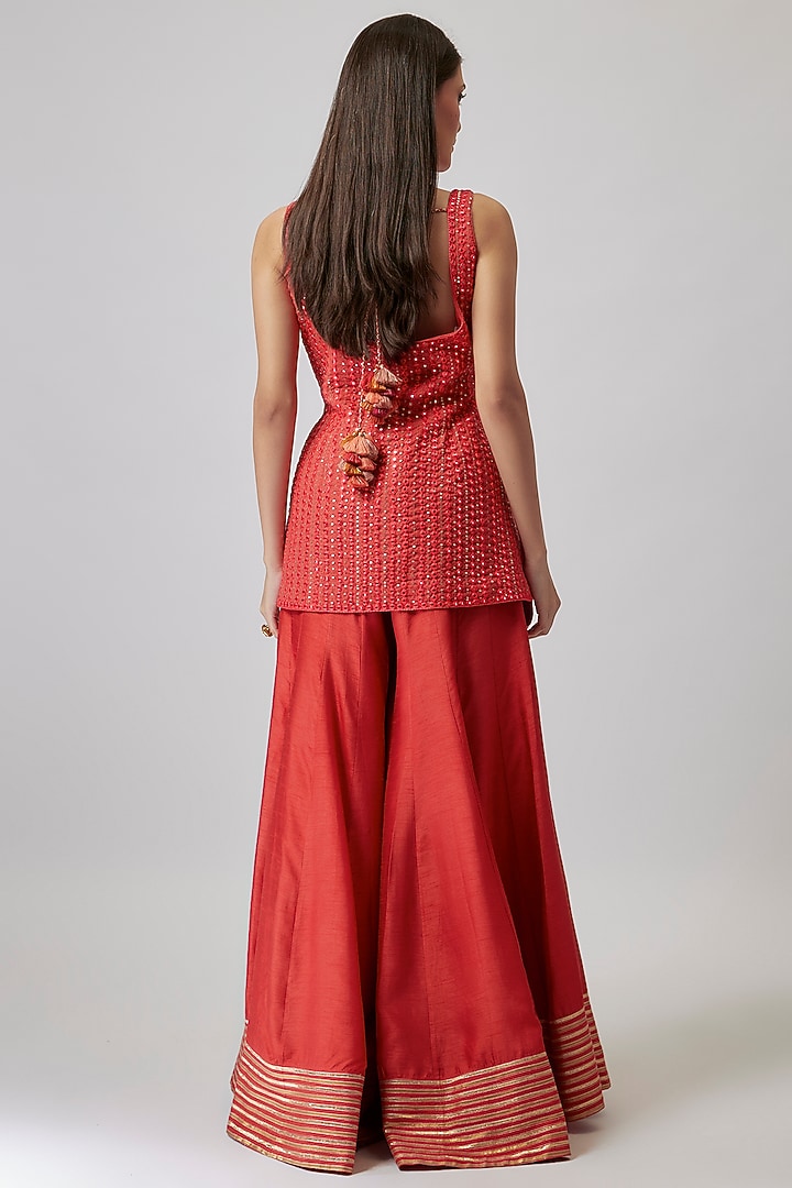 Coral Orange Dupion Silk Kalidar Wedding Sharara Set by Loka By Veerali Raveshia at Pernia's Pop Up Shop