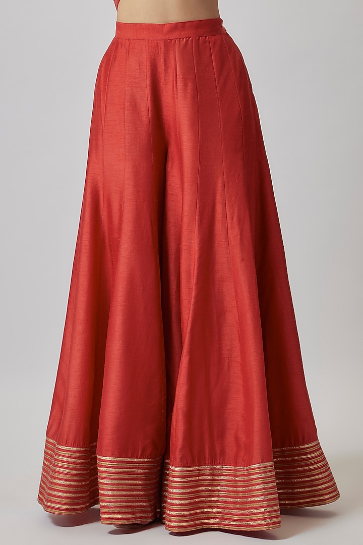 Coral Orange Dupion Silk Kalidar Wedding Sharara Set by Loka By Veerali Raveshia at Pernia's Pop Up Shop