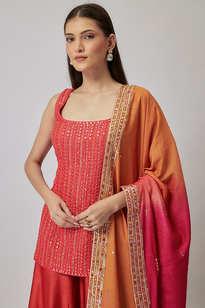 Coral Orange Dupion Silk Kalidar Wedding Sharara Set by Loka By Veerali Raveshia at Pernia's Pop Up Shop